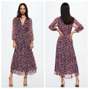 MNG By Mango V-Neck Maxi Dress Sz 4 XS Chiffon Floral Print 3/4 Sleeve